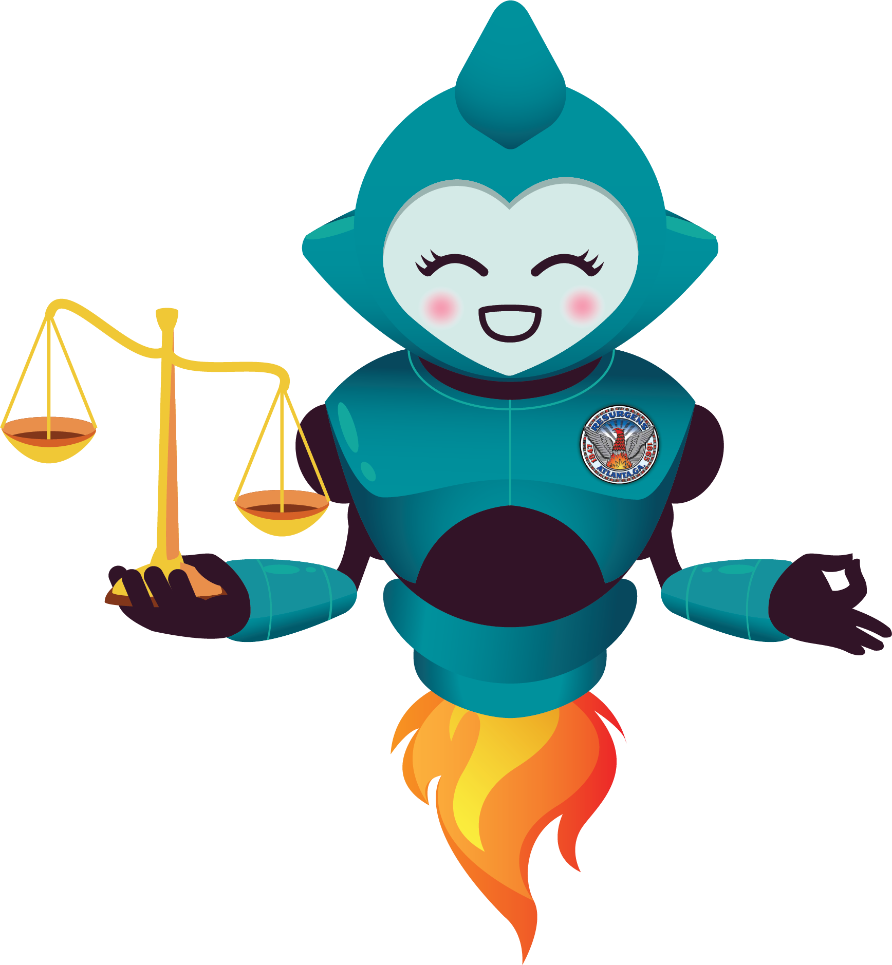 Genie Bot: a vector image of a hovering robot genie holding a scales of justice
