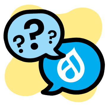 Common misconceptions about moving to Drupal icon showing speech bubbles with question marks and Drupal icons showing conversation