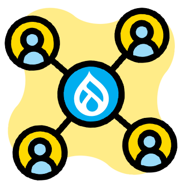 Why Experience and Partnerships Matter icon showing four people icons joining together with Drupal at the center