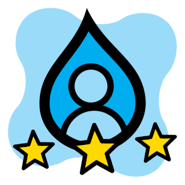 A vector droplet shape with a person icon inside it, and stars around it
