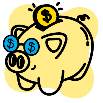 A vector line graphic of a piggy bank with a coin going in its slot, and wearing blue sunglasses with money signs on them