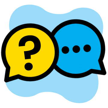 Ask questions icon showing two speech bubbles, one with a question mark and the other three dots representing talking