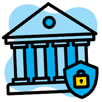 Understanding Public Sector Challenges vector icon of a government building and a security shield with lock on it