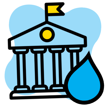Vector graphic of a government building with a Drupal style droplet in front of it