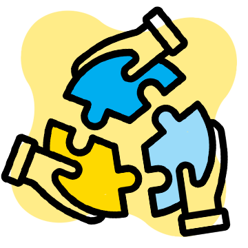 Vector graphic of three hands holding puzzle pieces close together that fit, each is a different color