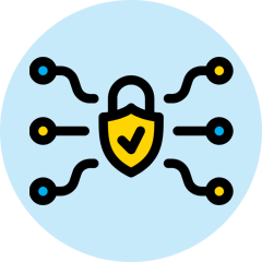 Data Governance and Control vector icon of a shield shaped lock with various lines and points coming off of it