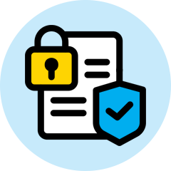 Built-In Security and Compliance vector icon of a lock and shield with checkmark on top of a piece of paper