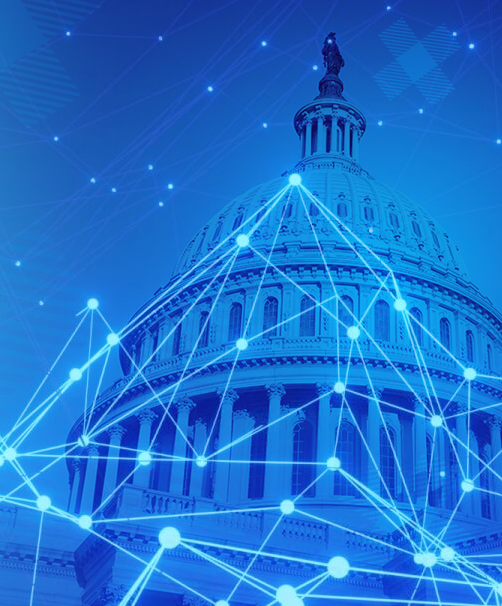 Government building with connecting network lines and dots overlaying it