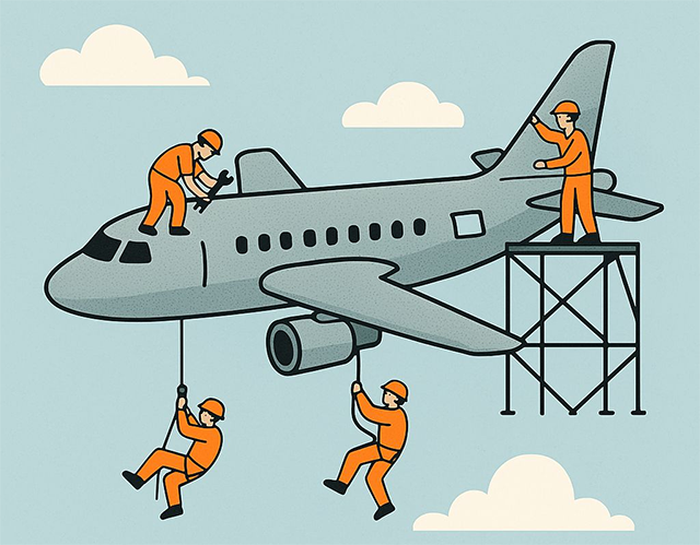Graphic of workers building a plane while its flying