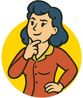 Cartoon illustration of a woman in a red shirt with her hand up to her chin considering something