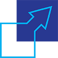 Future-ready architecture icon, cyan outline of block with expanding arrow pointing upward to the right, dark blue square showing expanded space