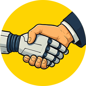 Human and robot handshake vector graphic on a yellow circle background