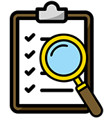 Evaluate vector icon of clipboard with magnifying glass over it
