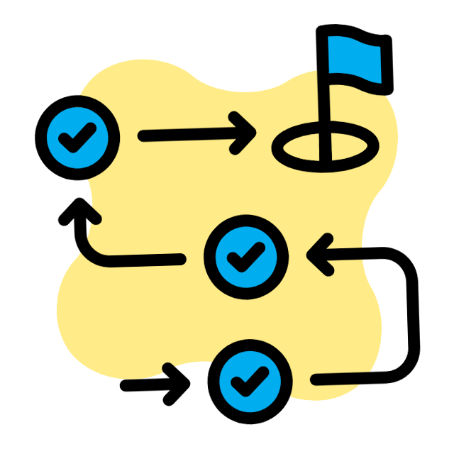Arrows pointing to checkpoint milestones leading up to a finish flag