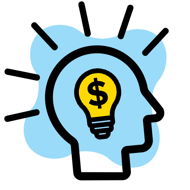 Smart spending icon of a head with light bulb inside of it, showing a money symbol