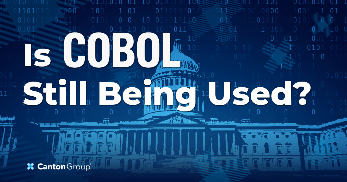 Is COBOL Still Being Used? white text overlaying a government building with binary code around it