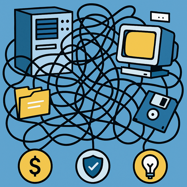 Old legacy systems and tech tangled in black lines representing power cords