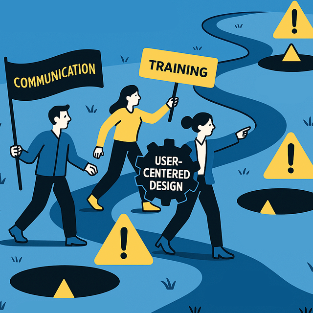 Vector people with signs walking along path avoiding pitfalls