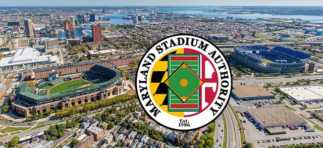 Maryland Stadium Authority logo on top of a photo of the Baltimore skyline showing both Oriole Park at Camden Yards, and Ravens Stadium