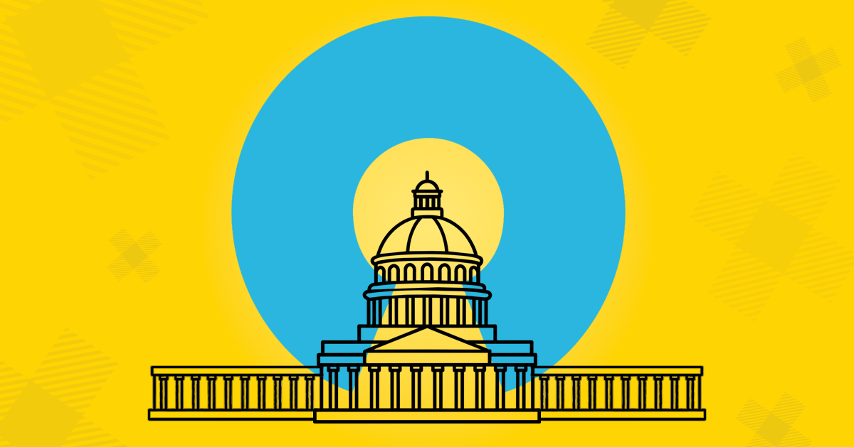 Blue open source icon with black outline vector government building on a yellow background