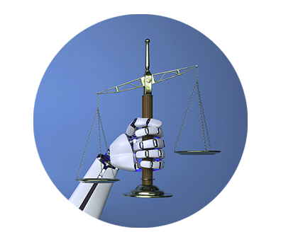 Robot hand holding the ethics scales of justice on a blue background