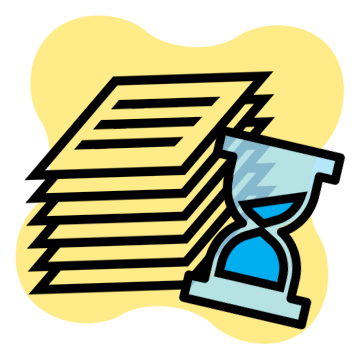 Stack of papers beside an hour glass, vector icon graphic