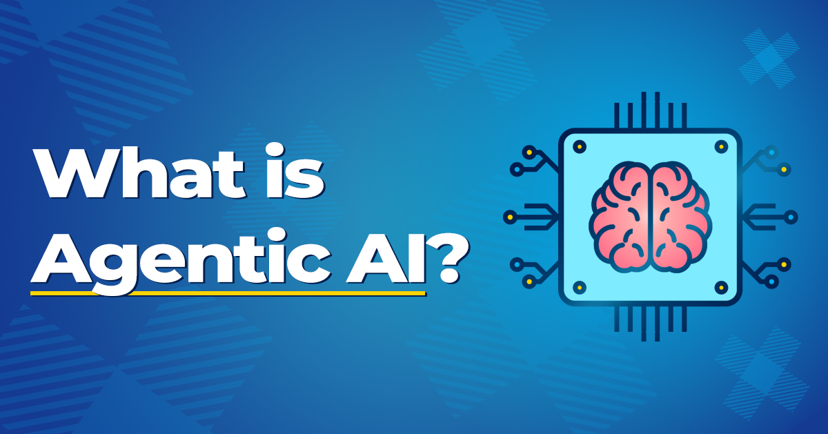 What is Agentic AI? text showing an icon of a brain inside of a computer chip.