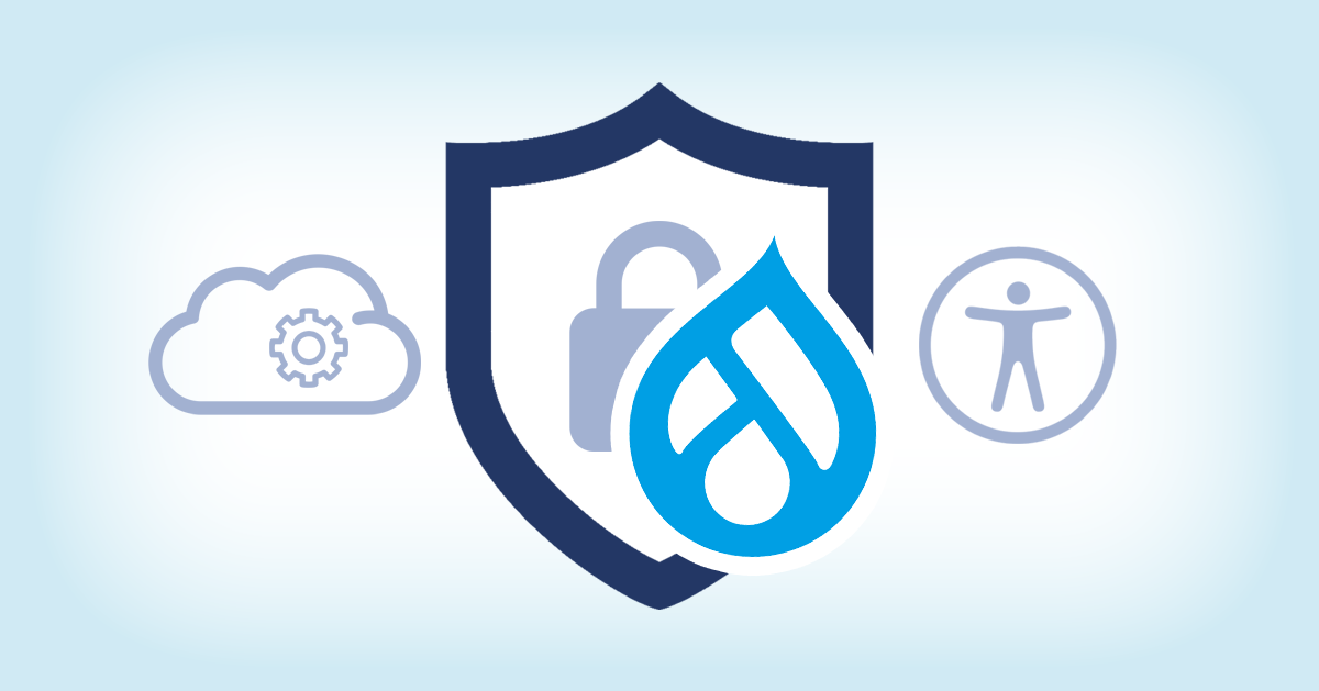 Graphic of a vector security lock shield centered with the Drupal logo icon overtop of it, to the left is a cloud and gear icon, and to the right is an accessibility icon.