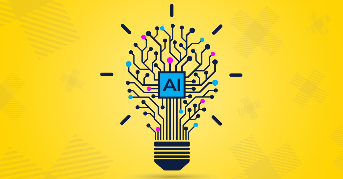 Vector data lines in the shape of a light bulb with an AI chip in the middle on a yellow background with The Canton Group X icons lightly floating in the background