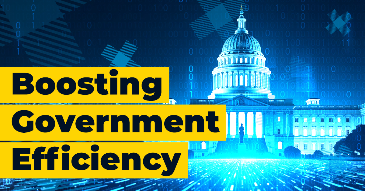 Boosting Government Efficiency text overlaying a blue hue image of a capital building with TCG X icons around it