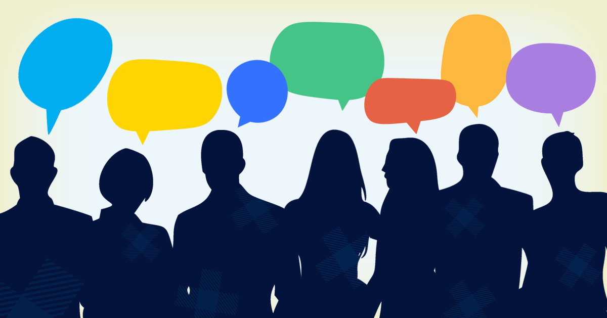 Group of silhouetted people with colorful speech bubbles over their heads 