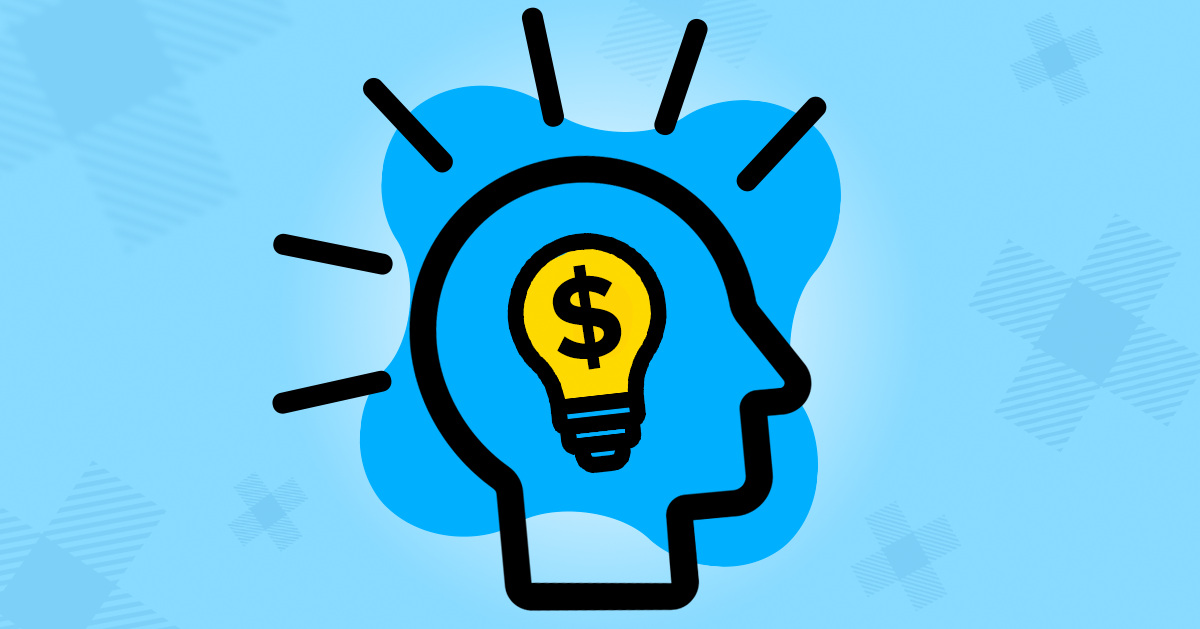 Vector black outline of a head with a light bulb inside and a money symbol inside of it on a blue background