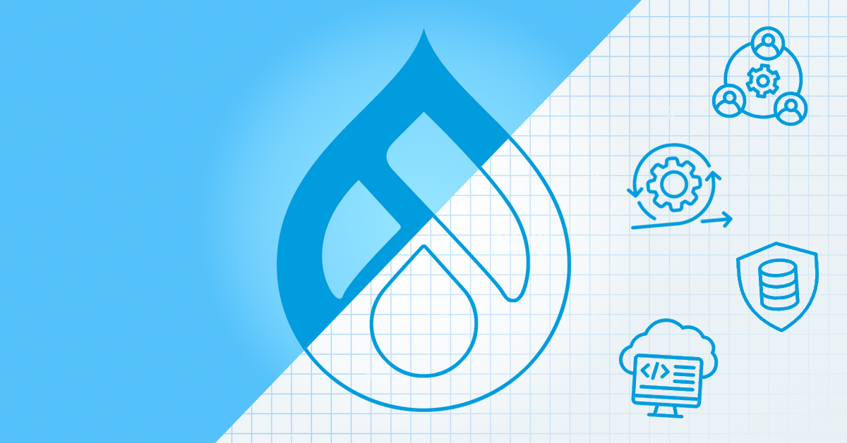 Graphic of the Drupal droplet iconmark, half in color, the other half is outlined to look like a blueprint and shows icons for collaboration, project management, agile and secure servers