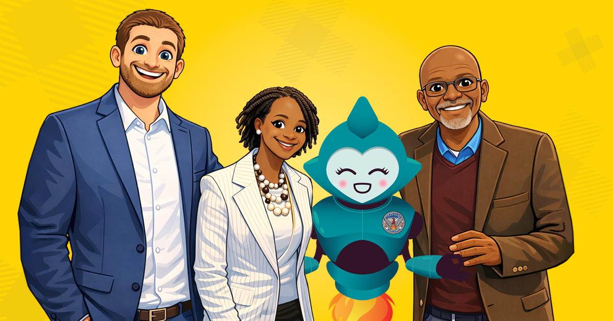 Graphic showing Atlanta clients with Genie in a vectorized cartoon like style against a bright yellow background with TCG "X" icons