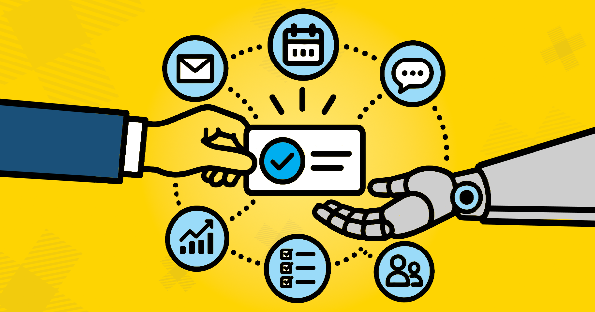 Vector image of a human hand giving a robot hand an action card with various icons and tools circling around