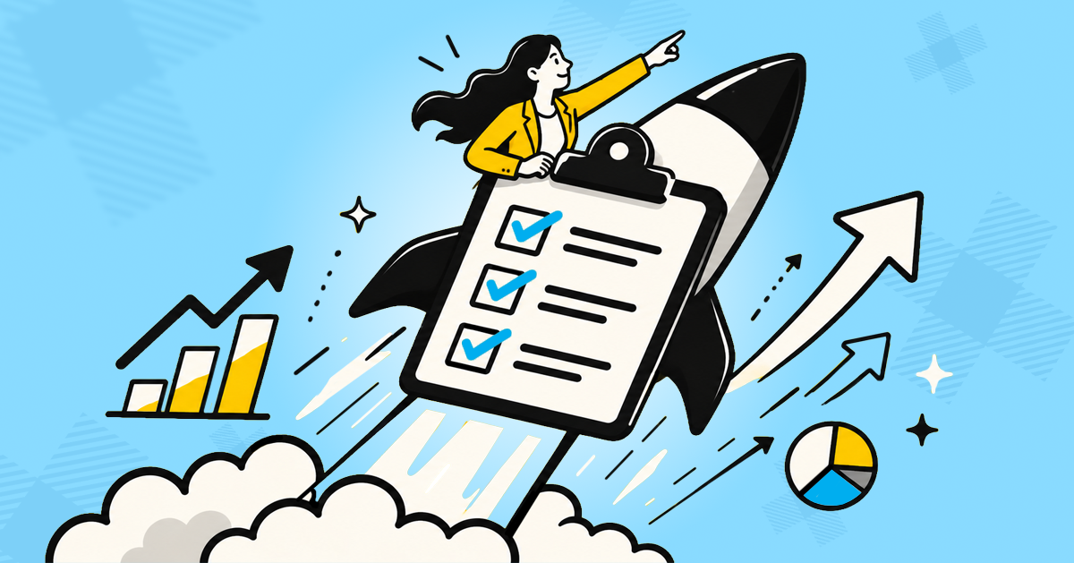 A vector image of a woman on a rocketship blasting off, with a large clipboard checklist in front of her