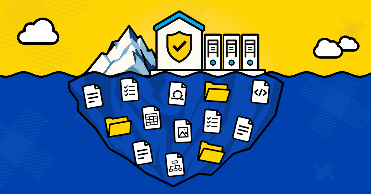 A vector image of an iceberg, above the water is an icy mountain with a house and shield with checkmark next to three computer towers, below the water on the iceberg is a bunch of files and folders scattered all around