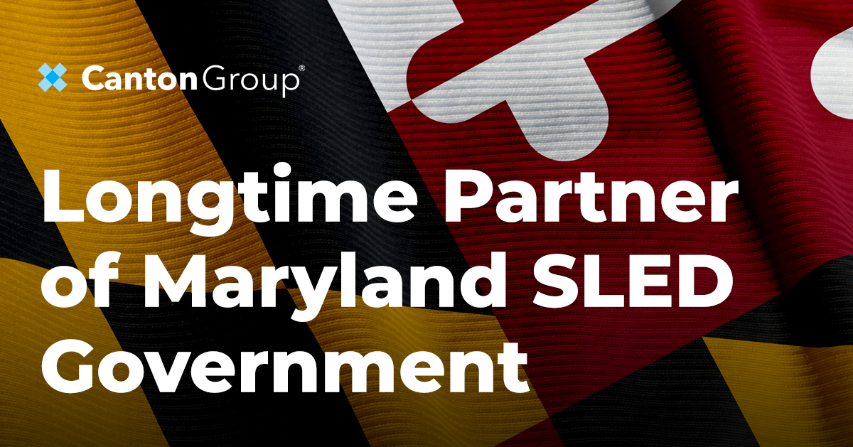 The Canton Group logo with white text stating; Longtime Partner of Maryland SLED Government, on top of a Maryland flag close up background