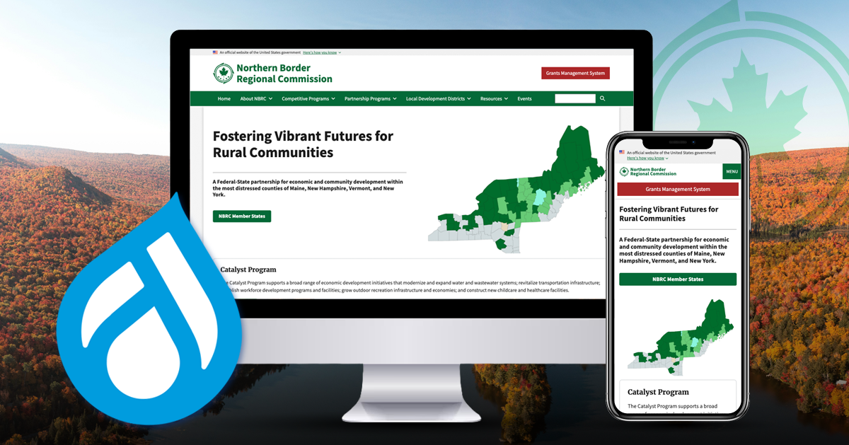 A graphic showing the NBRC website on a desktop monitor, and a mobile device, with the Drupal droplet logomark, all sitting on top of a photo of Vermont skyline in the background