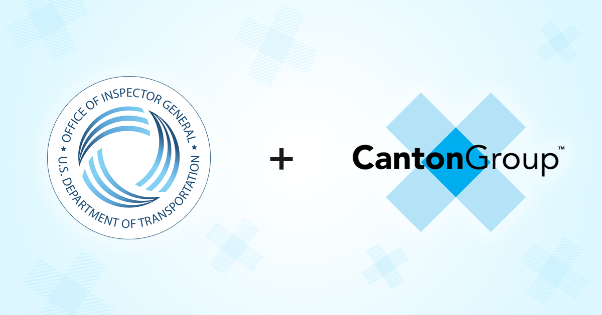 The Department of Transportation Office of Inspector General logo seal and The Canton Group logo with a plus symbol in between them highlighting our partnership