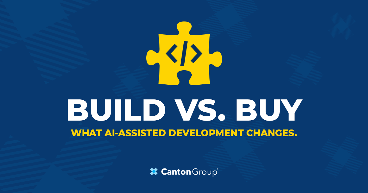 Build vs. Buy - What AI-Assisted Development Changes; white and yellow text overlaying a dark blue background, with a yellow vector puzzle piece above it